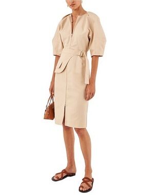 Oroton Neutral Beige Belted Puff-Sleeve Midi Dress